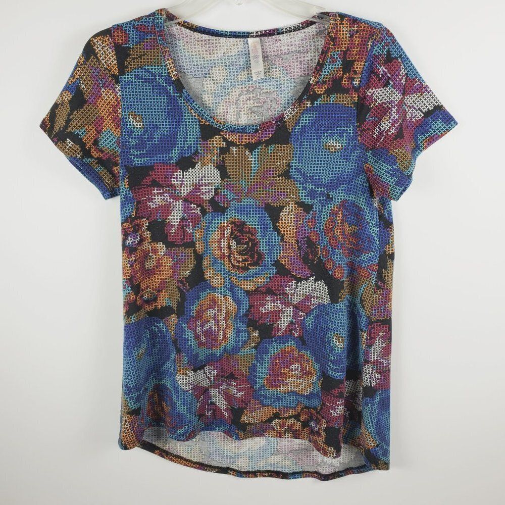 LulaRoe Multicolored Floral Short Sleeved High Low Top Sz M (Tag: XS)